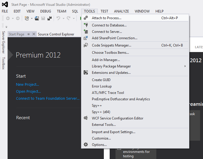 VS2012 Tools Menu